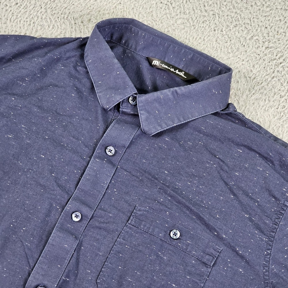 Travis Mathew Shirt Mens XL Blue Short Sleeve Button Up Speckled Casual Pocket